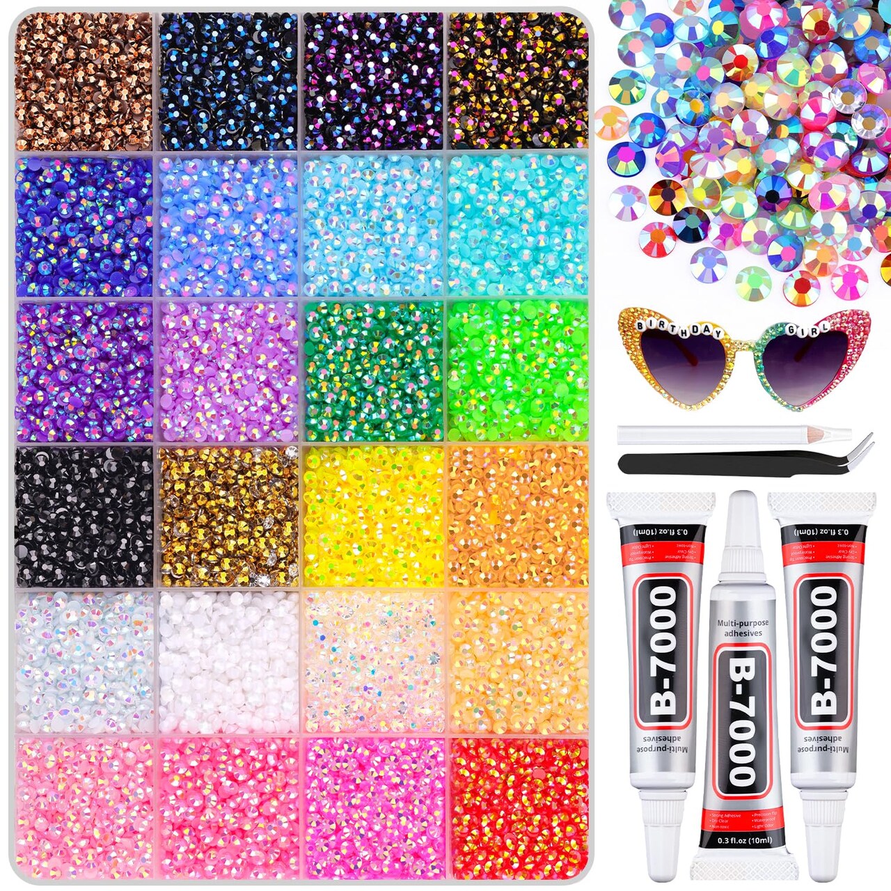 32,000pcs Multicolor 3mm Resin Rhinestones with B7000 Jewelry Glue – Non-Hotfix Flatback Gems for DIY Crafts, Bedazzling Clothing, Tumblers, Mugs, Shoes, Fabric, and Nail Art
